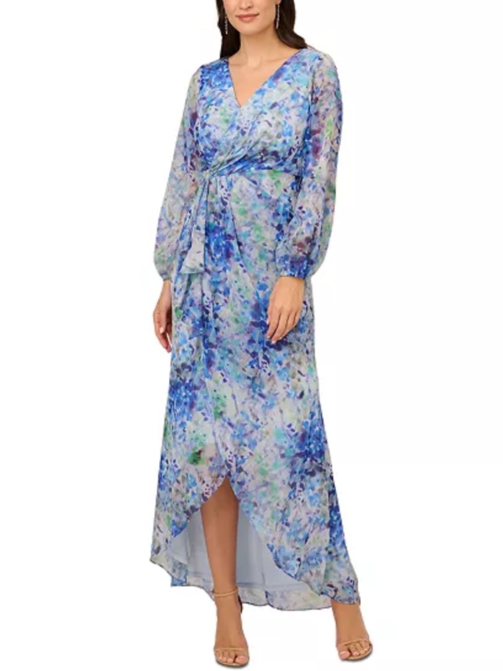 Adrianna Papell 10 Women's Abstract Floral Printed Chiffon Gown Long High - Low
